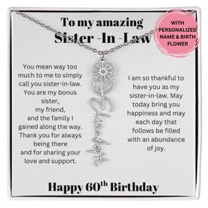 Cadeau de 60e anniversaire pour belle-sœur, collier fleur de naissance avec message, cadeau bijoux personnalisés pour belle-sœur d'anniversaire