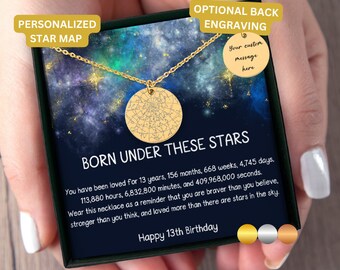 13th Birthday Gift For Her, 13th Birthday Gift Box With Message, Custom Star Map By Date Necklace, 13th Birthday Jewelry,Thirteenth Birthday
