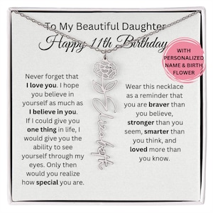 11th Birthday Necklace, Gift for Girl Turning 11, Personalized Name Necklace with Birth Month Flower, Meaningful Daughter Jewelry From Mom