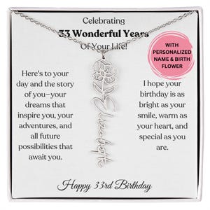 Collier prénom fleur de naissance 33e anniversaire, cadeau pour elle, bijoux personnalisés pour femme, collier prénom personnalisé avec carte 33e anniversaire