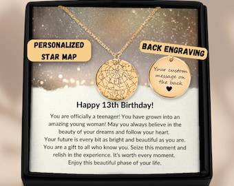 13th Birthday Girl Star Map Necklace By Date, 13th Birthday Jewelry, Thirteenth Birthday Necklace, Special Gift For 13 Year Old