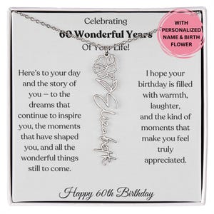 Geburtsblume Namenskette 60. Geburtstag Geschenk für Frau, personalisierter Schmuck mit Karte, elegantes Geschenk für sie, individuelles Geschenk für Mutter oder Freundin
