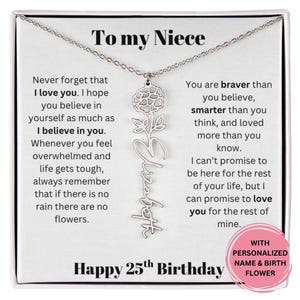 Presente de 25º aniversário para sobrinha: colar personalizado com nome e flor de nascimento, cartão com mensagem, joia significativa da tia ou do tio