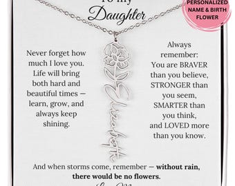 Regalo de despedida universitaria para hija de mamá, collar con nombre y flor de nacimiento, joyería personalizada con tarjeta de recuerdo con mensaje inspirador.