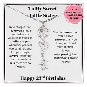 Presente de 23º aniversário para irmãzinha: colar personalizado com nome e flor de nascimento com mensagem sincera, joia personalizada de irmão ou irmã