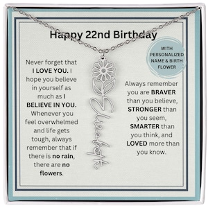 Geschenk für 22 Jahre alte Geburtsblumen-Namenshalskette, personalisiertes 22. Geburtstagsgeschenk, kundenspezifisches 22. Geburtstagsgeschenk-Tochter-Nichte-Enkelin