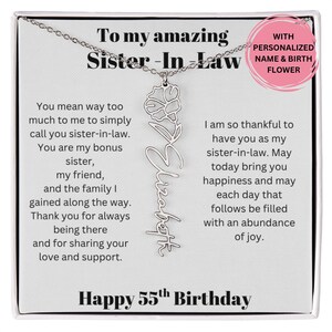 Cadeau 55e anniversaire pour belle-soeur, collier fleur de naissance avec message, cadeau bijoux personnalisés pour belle-soeur anniversaire