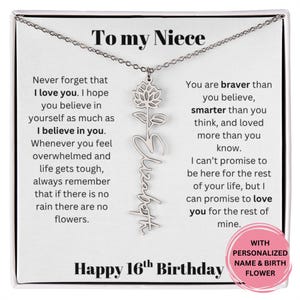 Cadeau de 16e anniversaire pour nièce nom personnalisé et collier de fleurs de naissance avec carte de message, bijoux significatifs de tante ou oncle