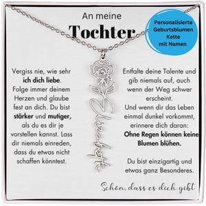 Puede incluir: Un collar plateado con un colgante de rosa y el nombre "Elizabeth" en cursiva. El collar se muestra sobre un fondo blanco con texto en alemán, incluyendo "An meine Tochter" y "Ohne Regen können keine Blumen blühen."