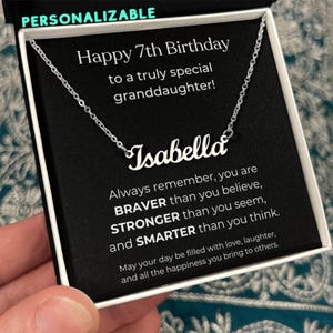Collana con nome per bambina del settimo compleanno, regalo per nipote con biglietto con messaggio, gioiello personalizzato per bambina, regalo di compleanno dalla nonna