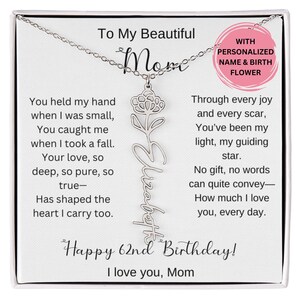 Collana con fiore di nascita, regalo per il 62° compleanno della mamma, con biglietto, regalo personalizzato per il 62° compleanno della mamma, gioiello sentimentale per lei