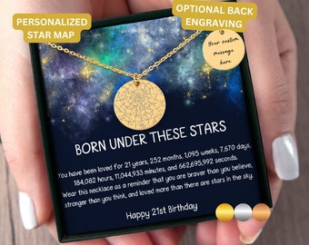 21st Birthday Gift For Her, 21st Birthday Gift Box With Message, Custom Star Map By Date Necklace, 21st Birthday Jewelry, 21st Birthday