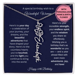 Cadeau du 68e anniversaire pour elle, collier prénom fleur de naissance avec carte de message, bijoux personnalisés pour femme, cadeau d'anniversaire collier prénom personnalisé