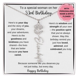 Cadeau du 53e anniversaire pour elle, collier prénom fleur de naissance avec carte de message, cadeau pour ami collègue meilleur ami femme bijoux d'anniversaire