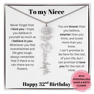 32. Geburtstagsgeschenk für Nichte Personalisierte Name & Geburtsblumenhalskette mit Nachrichtenkarte, bedeutungsvoller Schmuck von Tante oder Onkel