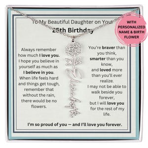 娘への25歳の誕生日プレゼント、メッセージカード付き誕生花ネームネックレス、娘へのカスタムジュエリー25歳