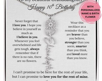 Collar con nombre y tarjeta de mensaje para el décimo cumpleaños de tu nieta, joyería personalizada de la abuela o el abuelo.