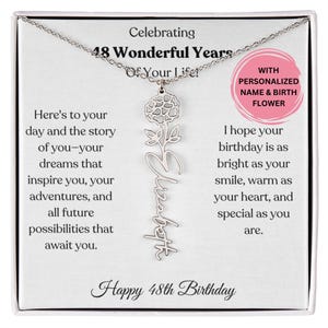 Collier prénom fleur de naissance 48e anniversaire, cadeau pour elle, bijoux personnalisés pour femme, collier prénom personnalisé avec carte 48e anniversaire