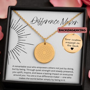 Collana Difference Maker, regalo per donna, gioielli ispiratori per leader, infermieri, insegnanti, allenatori, ciondolo personalizzato con moneta a forma di sole di ringraziamento