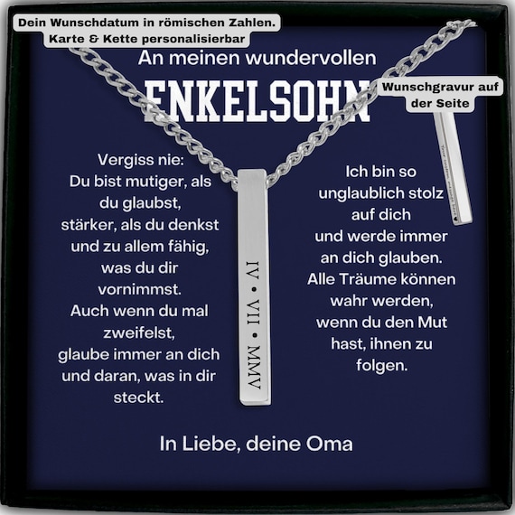 Edles Enkelsohn Geschenk von Oma Kette römische Zahlen, hochwertige Datum Gravur Kette Jungen, besonderes Schmuck Geschenk Enkelkind
