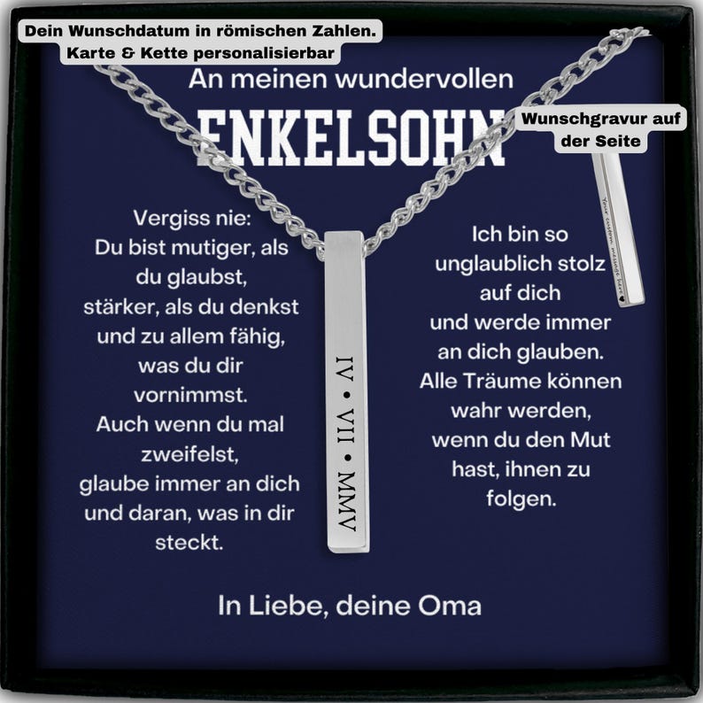 text in German and English, with the English text providing a description of a necklace. The German text is a description of the necklace itself. The image is a collage of multiple images, and the text is not a single sentence but a combination of text and images. The image does not contain any redundancy or vague wording.
