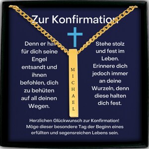The image is a necklace with a gold chain and a gold cross pendant, featuring a message in German about a confirmation or christening.