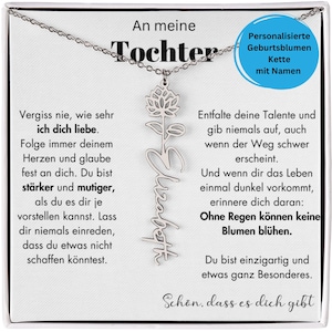 May include: A silver necklace with a floral pendant and the name "Elizabeth" in cursive script. The necklace is displayed on a white background with German text, including "An meine Tochter" and "Personalized Birth Flowers Necklace with Names."