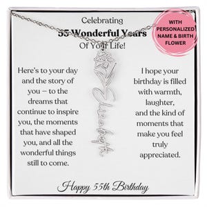 Geburtsblume Namenskette 55. Geburtstag Geschenk für Frau, personalisierter Schmuck mit Karte, elegantes Geschenk für sie, individuelles Geschenk für Mutter oder Freundin