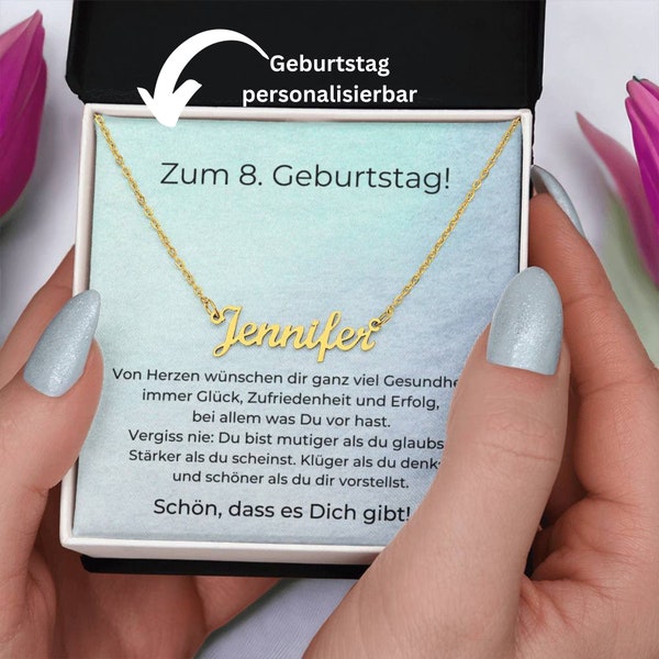 Zum 8. Geburtstag Personalisierte Namenskette, Mädchen Geschenk Zum 8 Geburtstag, 8-jähriges Mädchen Karte und Halskette Zum Geburtstag