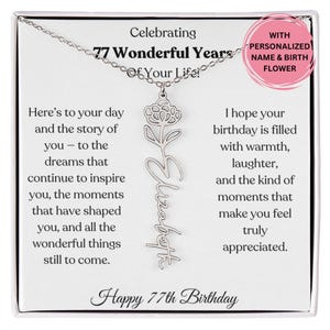 Geburtsblume Namenskette 77. Geburtstag Geschenk für Frau, personalisierter Schmuck mit Karte, elegantes Geschenk für sie, individuelles Geschenk für Mutter oder Freundin