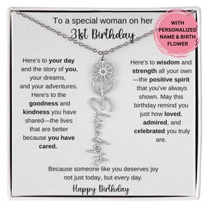 Cadeau 31e anniversaire pour elle, collier fleur de naissance avec message, cadeau pour amie collègue, meilleure amie femme, bijoux d'anniversaire