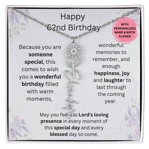 62nd Birthday Silver Birthmonth Flower Necklace With Name, 62nd Birthday Jewelry Gift, Personalized 62nd, 62nd Gift For Her, 62nd For Friend