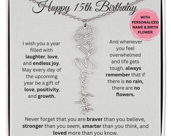 15th Birthday Name Necklace With Birthflower, Personalize 15th Birthday Gift for Daughter, Granddaughter, Niece, 15th Birthday Gift For Her