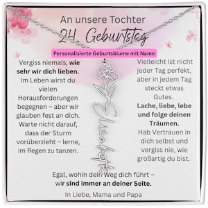 Geburtsblumen Namenskette Tochter Geschenk zum 24. Geburtstag, Personalisierte Kette mit Karte von Mama & Papa, Schmuck für Erwachsene