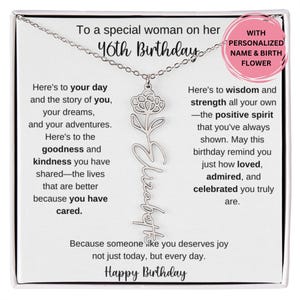 Cadeau de 46e anniversaire pour elle, collier prénom fleur de naissance avec carte de message, cadeau pour amie collègue, meilleure amie femme, bijoux d'anniversaire