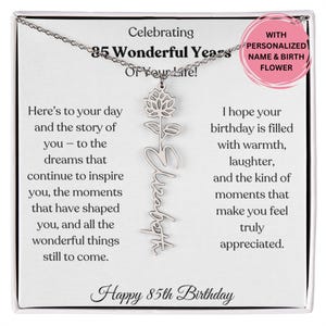 Birth Flower Name Necklace 85th Birthday Gift for Woman, Personalized Jewelry with Card, Elegant Gift for Her, Custom Gift for Mom or Friend