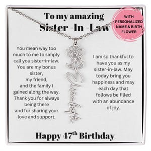 Cadeau de 47e anniversaire pour belle-soeur, collier fleur de naissance avec message, cadeau bijoux personnalisés pour belle-sœur d'anniversaire