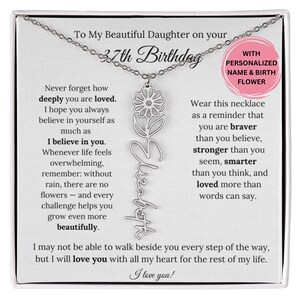 娘へのパーソナライズされた37歳の誕生日プレゼント誕生花ネックレス、娘へのジュエリーメッセージカード、娘への37歳の誕生日ネックレス