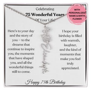 Geburtsblume Namenskette 75. Geburtstag Geschenk für Frau, personalisierter Schmuck mit Karte, elegantes Geschenk für sie, individuelles Geschenk für Mutter oder Freundin