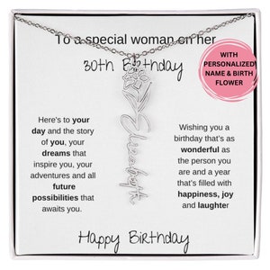 30th Birthday Birthflower Name Necklace, Gift For A Woman Turning 30, 30th Birthday Gift For Her, 30th Birthday Personalized Gift Set