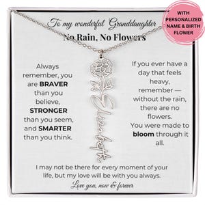 Regalo motivazionale per nipote, collana con nome del fiore di nascita e biglietto, più coraggioso, più forte, più intelligente, gioielli con citazione &quot;No Rain No Flowers&quot;