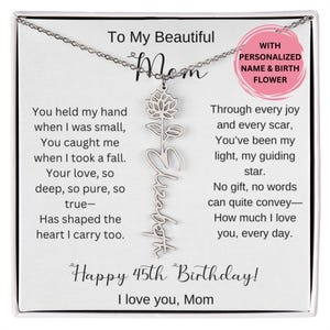 45. Geburtstagsgeschenk für Mutter Geburtsblumen-Halskette mit Karte, personalisiertes 45.Geburtstagsgeschenk für Mutter, Sentimentaler Schmuck für Sie