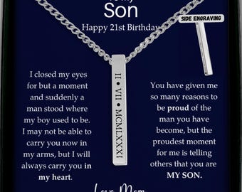 An meinen Sohn 21. Geburtstag Personalisierte römische Buchstabe Bar Halskette, gravierte Anhänger Namenskette 21. Geburtstagsgeschenk für Sohn