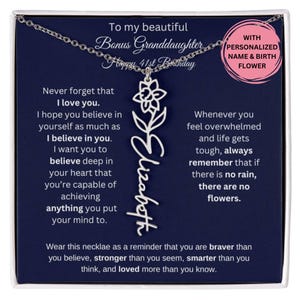May include: A silver necklace with a pendant featuring a stylized flower and the name "Elizabeth". The necklace comes in a blue box with a message that reads "To my beautiful Bonus Granddaughter Happy 41st Birthday. Never forget that I love you. I hope you believe in yourself as much as I believe in you. I want you to believe deep in your heart that you're capable of achieving anything you put your mind to. Whenever you feel overwhelmed and life gets tough, always remember that if there is no rain, there are no flowers. Wear this necklace as a reminder that you are braver than you believe, stronger than you seem, smarter than you think, and loved more than you know."
