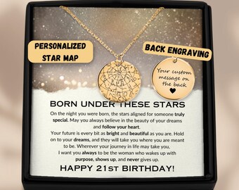 21st Birthday Gift for Her Custom Star Map Necklace, Personalized 21st Keepsake for Granddaughter, Niece, Daughter, Night Sky Map Gift