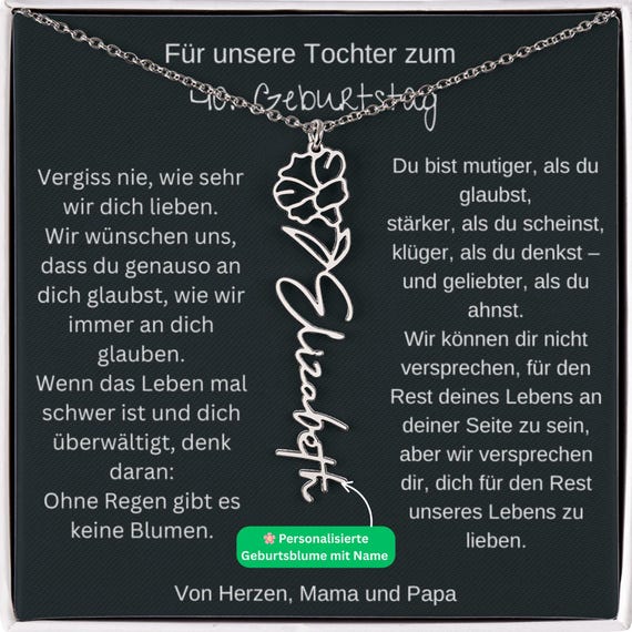Geschenk zum 40. Geburtstag Tochter Geburtsblumen Namenskette, Liebevolles Geschenk von Mama Papa personalisiert mit Name und Geburtsmonat