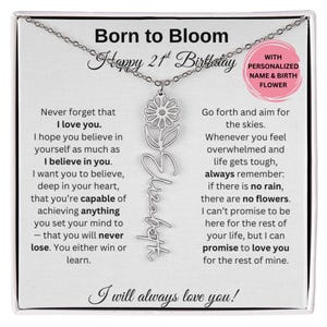 Colar com nome e flor de nascimento para filha, sobrinha, neta, afilhada, cartão de aniversário de 21 anos