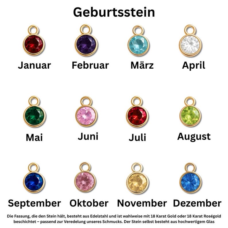 The image is a collage of 12 images, each depicting a different month of the year with a gemstone charm attached to it. The months are January, February, March, April, May, June, July, August, September, October, November, and December. Each month is represented by a different gemstone color, and the charm is attached to a gold-colored ring. The text below the images provides information about the months and the gemstones used.