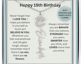 Gift For 15 Year Old Birth Flower Name Necklace, Personalized 15th Birthday Gift, Custom 15th Birthday Gift Daughter Niece Granddaughter