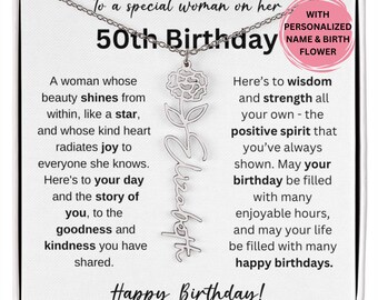 50th Birthday Birth Flower  Necklace, 50th Birthday Gift, 50th Gift For Her, 50th Birthday Jewelry, 50th For Friend, 50th Silver Name, 50